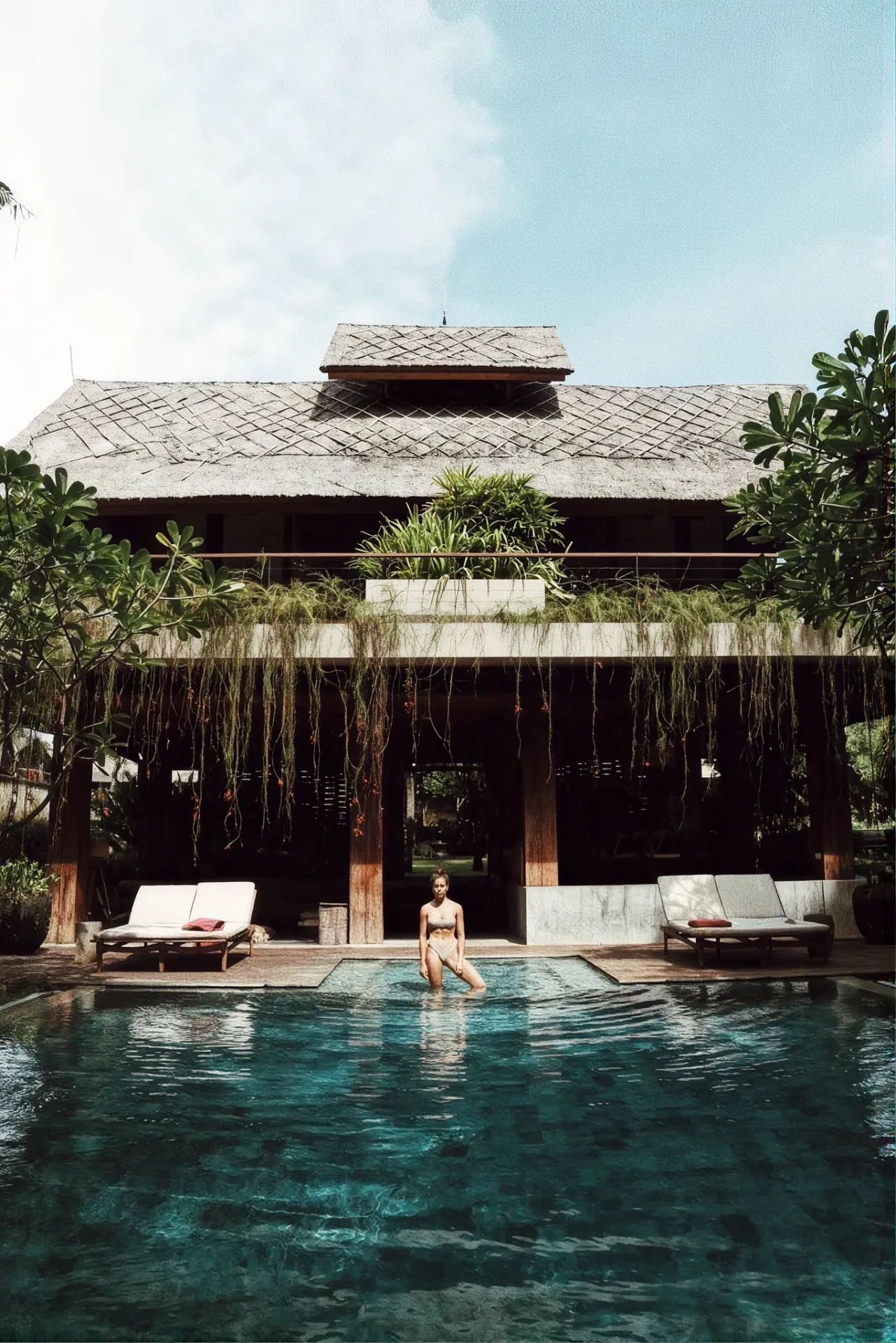 Villa facade with hanging orchids
