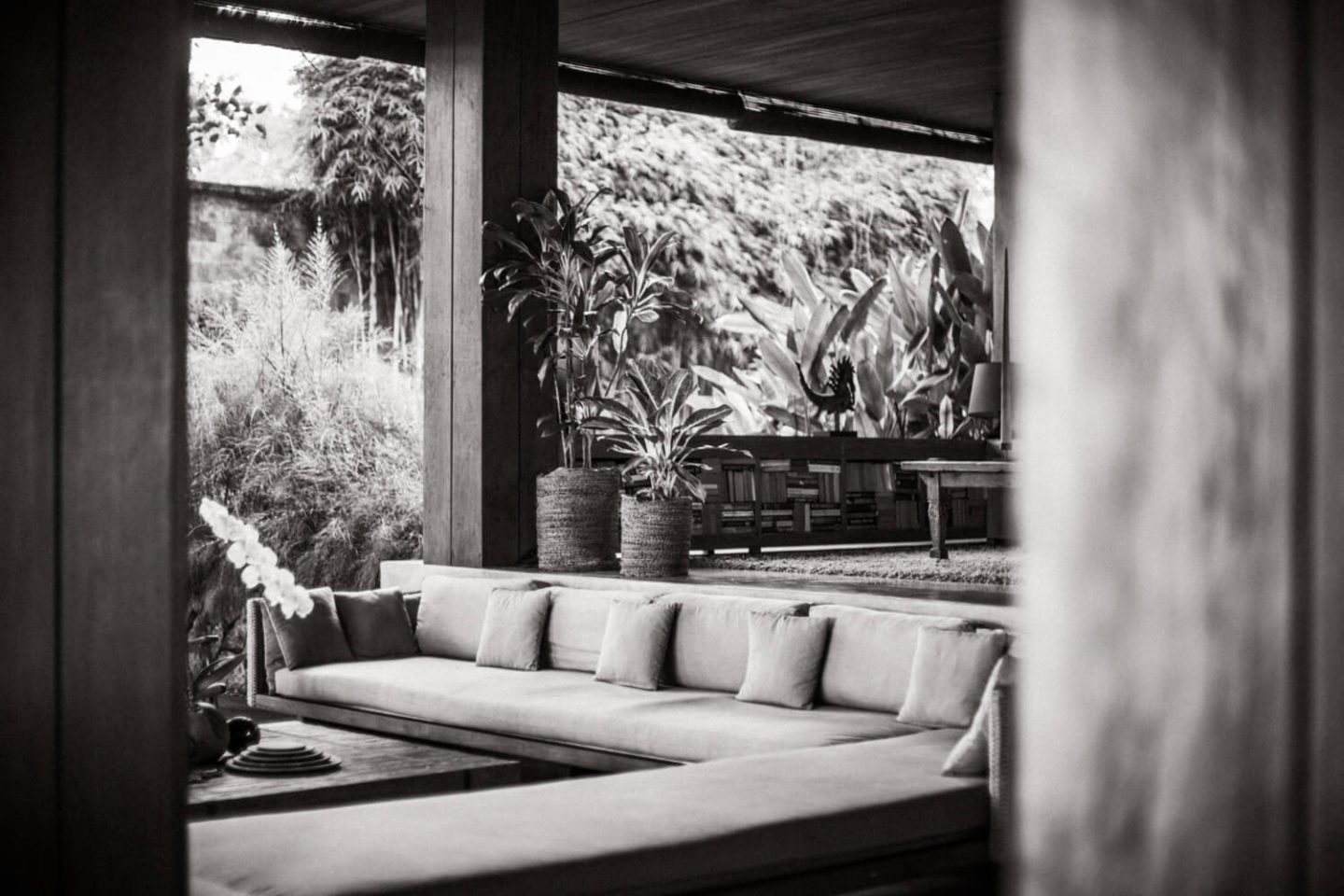Open-air lounge with garden view